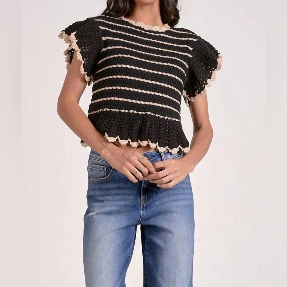 ELAN Black & Natural Striped Crochet Ruffle Sleeve Top - NWT